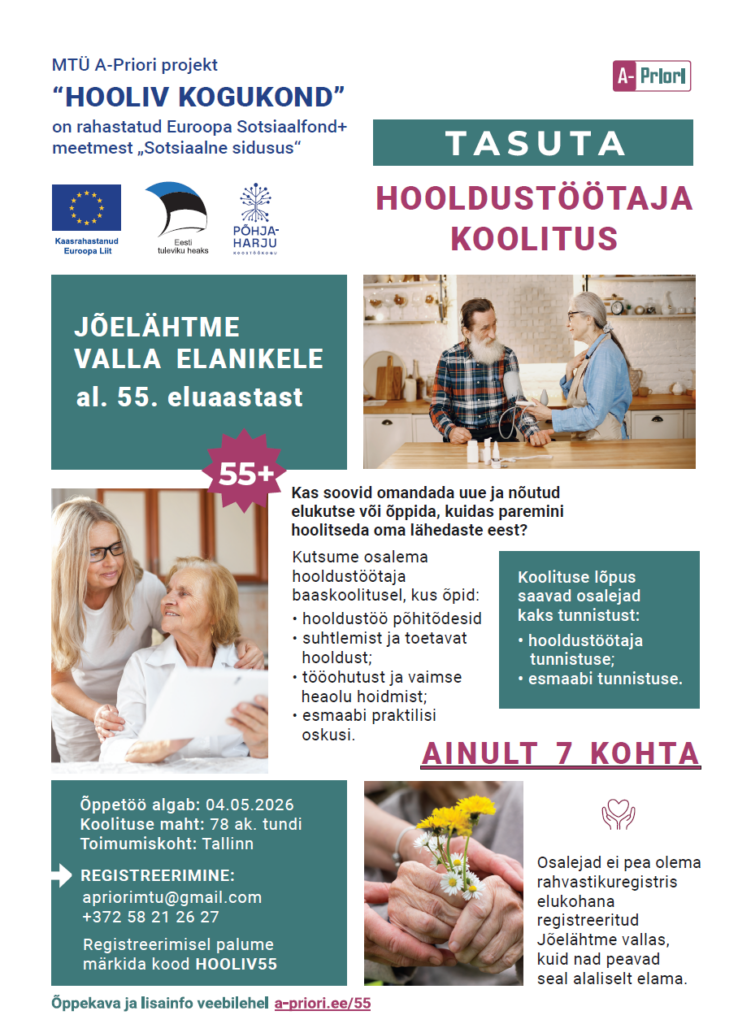 „Hooldustöötaja baaskoolitus“ - Koolitus Jõelähtme valla elanikele vanuses 55+